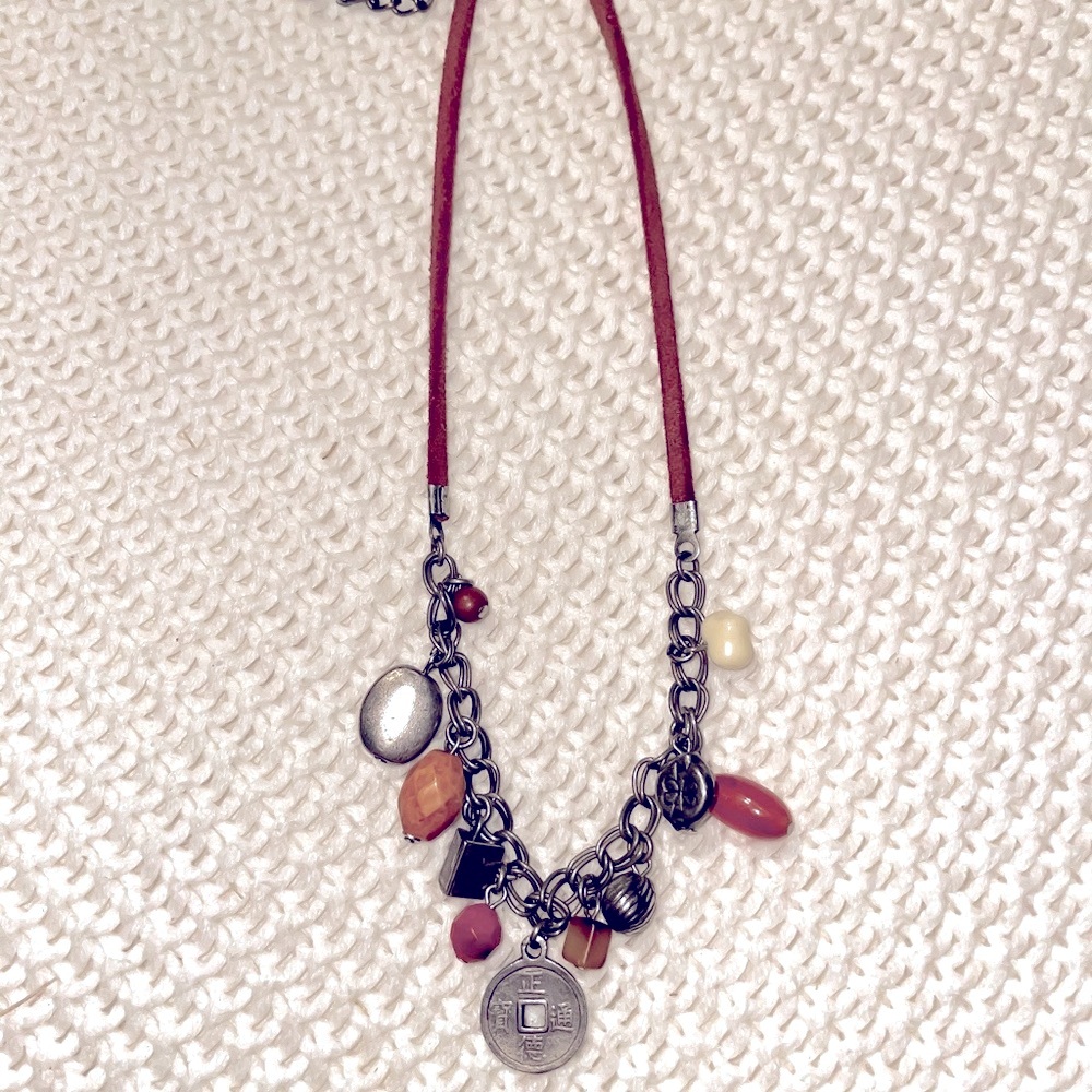 Leather, coin and bead necklace